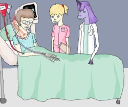 Size: 976x819 | Tagged: safe, artist:crystals1986, character:twilight sparkle, self insert, species:anthro, species:human, bed, blood, crossover, crying, crystal, crystal fetish, distorted hand fetish, glasses, hoers, hospital, hospital fetish, misty (pokemon), misty fetish, pokémon, quality, sick