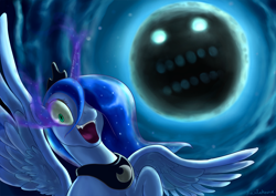 Size: 2000x1414 | Tagged: safe, artist:rautakoura, character:nightmare moon, character:princess luna, species:alicorn, species:pony, fangs, female, glowing eyes, glowing horn, hair over one eye, horn, insanity, looking at you, lunatic, magic, mare, moon, moon work, night, nightmare luna, open mouth, raised hoof, sky, smiling, spread wings, telekinesis, termina's moon, the legend of zelda, the legend of zelda: majora's mask, this will end in death, this will end in tears, this will end in tears and/or death, wide eyes, wings