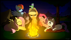 Size: 1920x1080 | Tagged: safe, artist:gign-3208, character:applejack, character:fluttershy, character:gummy, character:pinkie pie, character:rainbow dash, character:rarity, character:twilight sparkle, campfire, mane six