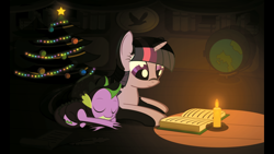 Size: 1920x1080 | Tagged: safe, artist:gign-3208, character:spike, character:twilight sparkle, christmas, reading, sleeping