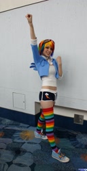 Size: 1049x2048 | Tagged: safe, artist:donknnj, character:rainbow dash, species:human, clothing, cosplay, goggles, hoodie, irl, irl human, photo, rainbow socks, shorts, socks, solo, striped socks, thigh highs