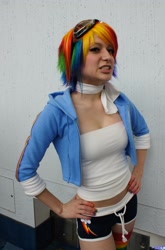 Size: 1355x2048 | Tagged: safe, artist:donknnj, character:rainbow dash, species:human, clothing, cosplay, goggles, hoodie, irl, irl human, photo, shorts, solo, wondercon