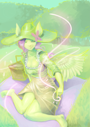 Size: 2507x3541 | Tagged: safe, artist:chung-sae, character:fluttershy, species:anthro, species:plantigrade anthro, ambiguous facial structure, barefoot, clothing, feet, female, hat, picnic, solo, trail