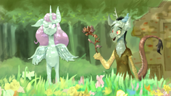 Size: 1920x1080 | Tagged: safe, artist:chung-sae, character:discord, character:princess celestia, ship:dislestia, copper, craft, female, flower, grass, male, pink-mane celestia, shipping, straight, younger