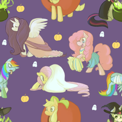 Size: 800x800 | Tagged: safe, artist:tigs, character:applejack, character:fluttershy, character:pinkie pie, character:rainbow dash, character:rarity, character:twilight sparkle, species:alicorn, species:pony, alicornified, apple, bandage, bedsheet ghost, cauldron, cheerleader, clothing, costume, dress, ghost, halloween, hat, mane six, nightmare night, pattern, pumpkin, race swap, raricorn, sheet, tile, tongue out, wallpaper, witch, witch hat
