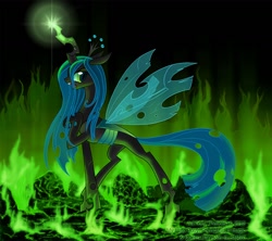 Size: 1350x1200 | Tagged: safe, artist:countcarbon, character:queen chrysalis, species:changeling, changeling queen, fangs, female, fire, glowing horn, looking at you, magic, open mouth, raised hoof, signature, solo, standing