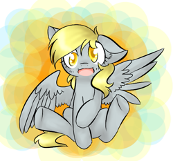 Size: 597x556 | Tagged: safe, artist:theluckyangel, character:derpy hooves, species:pegasus, species:pony, cute, female, floppy ears, looking at you, mare, open mouth, sitting, smiling, solo, spread wings, underhoof, wings