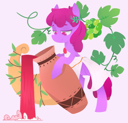 Size: 1129x1086 | Tagged: safe, artist:foxda, character:berry punch, character:berryshine, species:earth pony, species:pony, bipedal, clothing, colored pupils, dionysus, female, grapes, greek mythology, heart, heart eyes, jug, libation, pink background, robe, smiling, solo, toga, vase, wine, wingding eyes