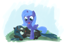 Size: 1024x722 | Tagged: safe, artist:eeveepikachuchan, character:princess luna, character:queen chrysalis, species:alicorn, species:changeling, species:pony, changeling queen, cute, cutealis, duo, duo female, female, filly, foal, looking at each other, lunabetes, nymph, playing, woona, younger