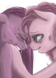 Size: 711x1000 | Tagged: safe, artist:potheadsam, character:pinkamena diane pie, character:pinkie pie, close-up, comfort, crying, duality, ponidox, self ponidox
