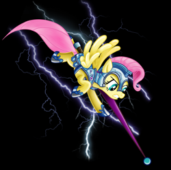 Size: 1024x1014 | Tagged: safe, artist:beamsaber, character:fluttershy, armor, female, jousting, lance, lightning, solo