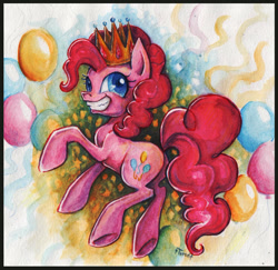 Size: 900x873 | Tagged: safe, artist:turonie, character:pinkie pie, balloon, crown, female, grin, gritted teeth, hilarious in hindsight, hoofy-kicks, lol, queen of parties, smiling, solo, teeth, traditional art, wide eyes