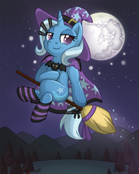 Size: 800x1000 | Tagged: safe, artist:oemilythepenguino, character:trixie, species:pony, species:unicorn, broom, clothing, crossed legs, female, flying, flying broomstick, full moon, lidded eyes, looking back, mare, mare in the moon, moon, night, night sky, sitting, smiling, socks, solo, sparkles, stars, striped socks, tree, witch