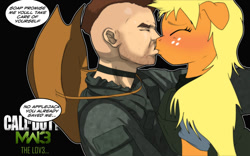 Size: 800x498 | Tagged: safe, artist:eichh-emmm, character:applejack, species:anthro, species:human, blushing, call of duty, crossover, crossover shipping, kissing, soap mactavish
