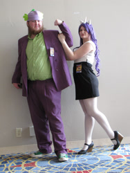 Size: 2736x3648 | Tagged: safe, artist:squibbers, character:rarity, character:spike, species:human, clothing, cosplay, high heels, irl, irl human, mary janes, momocon, momocon 2012, pantyhose, photo, shoes, skirt, suit, tube skirt
