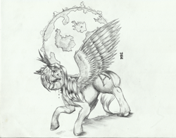 Size: 1280x1009 | Tagged: dead source, safe, artist:derp-my-life, oc, oc only, species:alicorn, species:pony, alicorn oc, atlas, crying, globe, goddess, monochrome, ponified, scrunchy face, solo, surreal, titan, traditional art