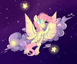 Size: 1420x1182 | Tagged: safe, artist:foxda, character:fluttershy, species:pegasus, species:pony, cloud, colored pupils, female, flying, glow, night, night sky, sky, smiling, solo, starry eyes, stars, unshorn fetlocks, wingding eyes