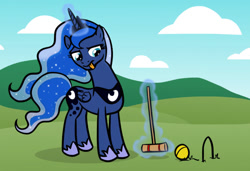 Size: 850x580 | Tagged: safe, artist:lightbulb, character:princess luna, croquet, croquet mallet, female, magic, playing, solo, sports