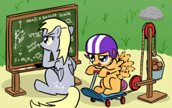 Size: 850x533 | Tagged: safe, artist:lightbulb, character:derpy hooves, character:scootaloo, species:pegasus, species:pony, bucket, chalkboard, fancy mathematics, female, flying contraption, flying lesson, helmet, mare, muffin, science, scootaloo can't fly, scooter, sweat, this will end in tears