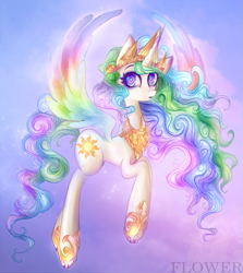 Size: 1077x1205 | Tagged: safe, artist:caramelflower, character:princess celestia, female, flying, solo