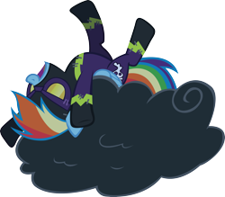 Size: 3868x3392 | Tagged: safe, artist:rainbowcrab, character:rainbow dash, species:pegasus, species:pony, episode:luna eclipsed, g4, my little pony: friendship is magic, clothing, cloud, costume, female, hooves, laughing, lying on a cloud, mare, nightmare night, on a cloud, on back, open mouth, shadowbolt dash, shadowbolts, shadowbolts costume, simple background, solo, transparent background, vector, wings