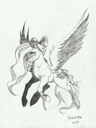 Size: 632x846 | Tagged: safe, artist:derp-my-life, oc, oc only, species:pegasus, species:pony, bow, female, flying, freckles, leg wrappings, smiling, solo, tail bow, traditional art