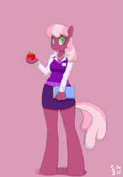 Size: 719x1033 | Tagged: dead source, source needed, useless source url, safe, artist:crabmeatstick, character:cheerilee, species:anthro, species:earth pony, species:pony, species:unguligrade anthro, apple, book, bracelet, clothing, female, jewelry, necklace, shirt, skirt, smiling, solo, tube skirt