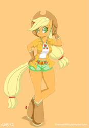 Size: 719x1033 | Tagged: safe, artist:crabmeatstick, character:applejack, species:anthro, species:unguligrade anthro, female, simple background, solo