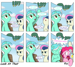 Size: 1398x1245 | Tagged: safe, artist:tikyotheenigma, character:bon bon, character:lyra heartstrings, character:pinkie pie, character:sweetie drops, breaking the fourth wall, comic, cyclops, fourth wall, hand, that pony sure does love hands