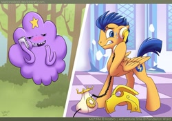 Size: 850x599 | Tagged: safe, artist:merionminor, character:flash sentry, adventure time, crossover, lumpy space princess, phone