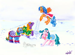 Size: 900x666 | Tagged: safe, artist:z1ar0, character:blue belle (g1), character:starflower, g1, banana surprise, boots, clothing, snow, tap dancer, traditional art, winter