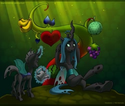 Size: 1061x900 | Tagged: safe, artist:merionminor, character:queen chrysalis, species:changeling, banana, changeling loves watermelon, commission, duo, food, fruit, grapes, hooves behind head, leaning back, sitting, super happy tree, super mario bros., watering can, watermelon, yoshi's story