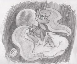Size: 2850x2376 | Tagged: safe, artist:greeny-nyte, character:princess luna, cloud, female, high res, monochrome, prone, solo, traditional art