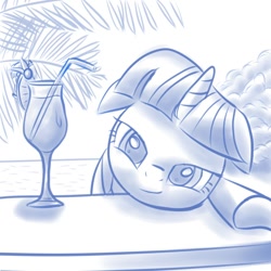 Size: 1000x1000 | Tagged: safe, artist:rayhiros, character:twilight sparkle, species:pony, species:unicorn, g4, 1 hour drawing, alcohol, bedroom eyes, cocktail, drunk, drunk twilight, female, floppy ears, looking at you, mare, monochrome, paint tool sai, smiling, solo, swimming pool