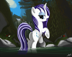 Size: 1900x1500 | Tagged: safe, artist:warfost, character:rarity, species:pony, species:unicorn, bedroom eyes, butterfly, dock, female, looking back, mare, open mouth, plot, raised tail, sexy, sinfully sexy, solo, tail, tree, underhoof, water, waterfall, wet, wet mane, wet mane rarity