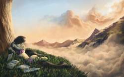Size: 1680x1050 | Tagged: source needed, safe, artist:moe, character:octavia melody, species:earth pony, species:pony, cloud, eyes closed, female, floppy ears, grass, mare, mountain, mountain range, on back, scenery, scenery porn, sheet music, smiling, solo, tree