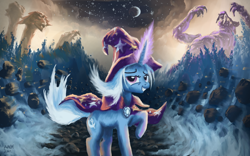 Size: 1680x1050 | Tagged: safe, artist:moe, character:trixie, species:pony, species:unicorn, g4, epic, female, hydra, looking at you, magic, mare, multiple heads, raised hoof, ursa major