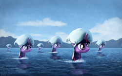 Size: 1280x800 | Tagged: safe, artist:moe, character:twilight sparkle, species:pony, species:unicorn, g4, blank face, clones, female, frown, mare, migration, multeity, ocean, pillow, pillow hat, pillow monsters, sparkle sparkle sparkle, stare, surreal, swimming, wat, water