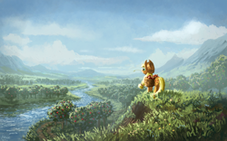 Size: 1280x800 | Tagged: safe, artist:moe, character:applejack, species:earth pony, species:pony, g4, apple, basket, female, mare, river, scenery, scenery porn, solo, sweet apple acres, tree