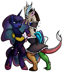Size: 1645x1872 | Tagged: safe, artist:zombiecollie, character:discord, character:princess luna, species:pony, ship:lunacord, bedroom eyes, bipedal, clothing, crossdressing, dancing, eye contact, female, lusty luna, maid, maid discord, male, open mouth, shipping, simple background, smiling, straight, tumblr