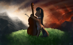 Size: 1680x1050 | Tagged: source needed, safe, artist:moe, character:octavia melody, species:earth pony, species:pony, g4, backlighting, bipedal, cello, eyes closed, female, mare, musical instrument, rear view, scenery, solo