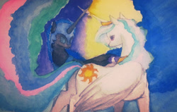 Size: 800x510 | Tagged: safe, artist:sugarheartart, character:nightmare moon, character:princess celestia, character:princess luna, duality, long tail, traditional art, watercolor painting
