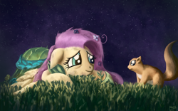 Size: 1680x1050 | Tagged: safe, artist:moe, character:fluttershy, species:pegasus, species:pony, clothing, dress, female, floppy ears, gala dress, grass, mare, messy mane, night, prone, smiling, solo, squirrel