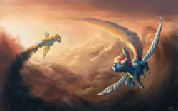 Size: 1680x1050 | Tagged: safe, artist:moe, character:rainbow dash, character:spitfire, species:pegasus, species:pony, g4, clothing, cloud, cloudy, female, flying, mare, scenery, sky, trail, uniform, wallpaper, wonderbolts, wonderbolts uniform