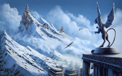 Size: 1980x1238 | Tagged: safe, artist:moe, oc, oc only, species:griffon, city, cloud, cloudy, generic pony, mountain, rearing, scenery, scenery porn, sky, snow, statue, wallpaper