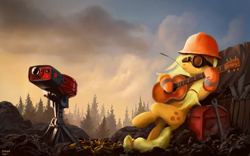 Size: 1980x1238 | Tagged: safe, artist:moe, character:applejack, species:earth pony, species:pony, g4, clothing, crossover, engiejack, engineer, female, goggles, guitar, hard hat, hat, mare, on back, sentry, signature, solo, team fortress 2, turret, welding goggles, wrench