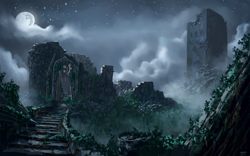 Size: 1980x1238 | Tagged: safe, artist:moe, g4, background, castle, castle of the royal pony sisters, cloud, cloudy, fog, mare in the moon, mist, moon, night, no pony, ruins, scenery, scenery porn, stairs, stars, vine