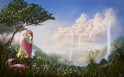 Size: 1980x1238 | Tagged: safe, artist:moe, character:angel bunny, character:fluttershy, species:pegasus, species:pony, cloudsdale, duo, female, grass, looking away, mare, painting, scenery, scenery porn, sitting