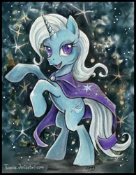 Size: 720x924 | Tagged: safe, artist:turonie, character:trixie, species:pony, species:unicorn, abstract background, cutie mark, female, lidded eyes, looking at you, mare, missing accessory, open mouth, rearing, solo, sparkles