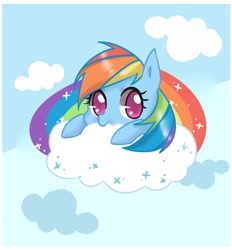 Size: 851x916 | Tagged: safe, artist:dun, character:rainbow dash, cloud, cloudy, cute, dashabetes, female, leaning, looking at you, nom, pixiv, prone, smiling, solo, sparkles
